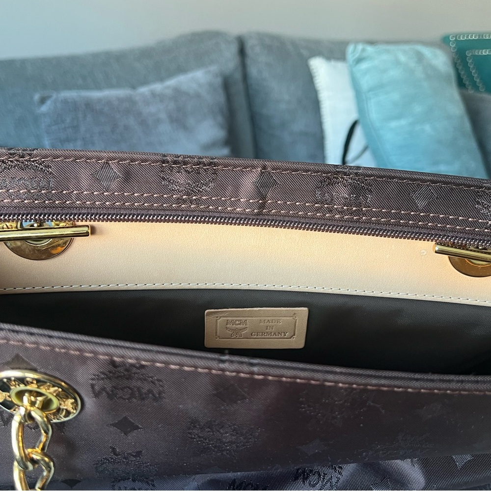 MCM Brown Monogram Tote with Gold Chain and Tan Leather Straps - Picture 13 of 15